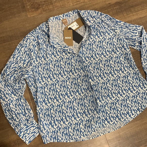 NWT!! HUGO BOSS Regular-Fit Blue + Cream Print Silk Crepe du Chine: SZ 14 - $348 - Picture 11 of 16